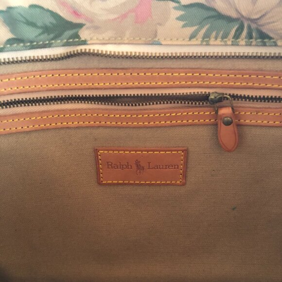 VINTAGE RALPH LAUREN TOTE OVERNIGHT BAG FLORAL LEATHER CANVAS - Picture 4 of 11